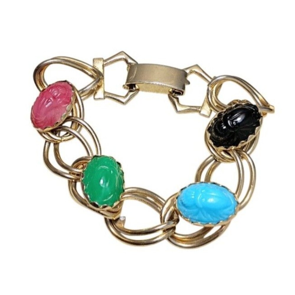 Vintage Egyptian Revival Scarab Beetle Glass Gold tone Link Statement Bracelet